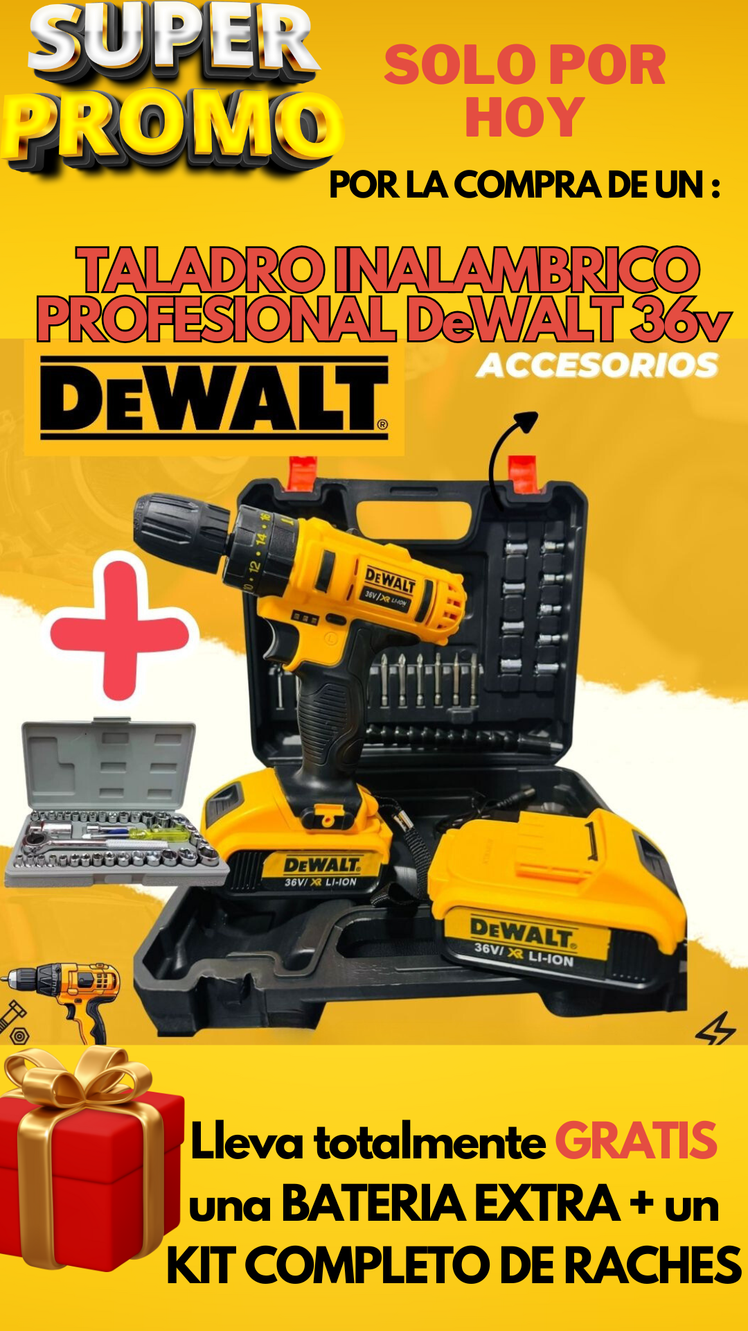 Taladro Inalámbrico Profesional 36v Dewalt Percutor +bateria extra GRATIS🎁  + kit completo de raches GRATIS🎁